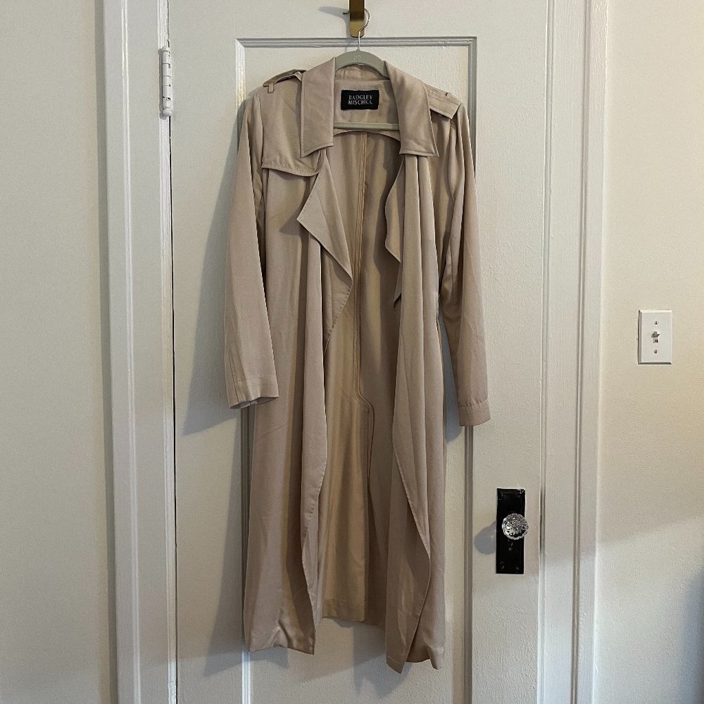 Badgley Mischka Faux Leather Trim Long Trench Coat, ASO Megan Markle, Size M